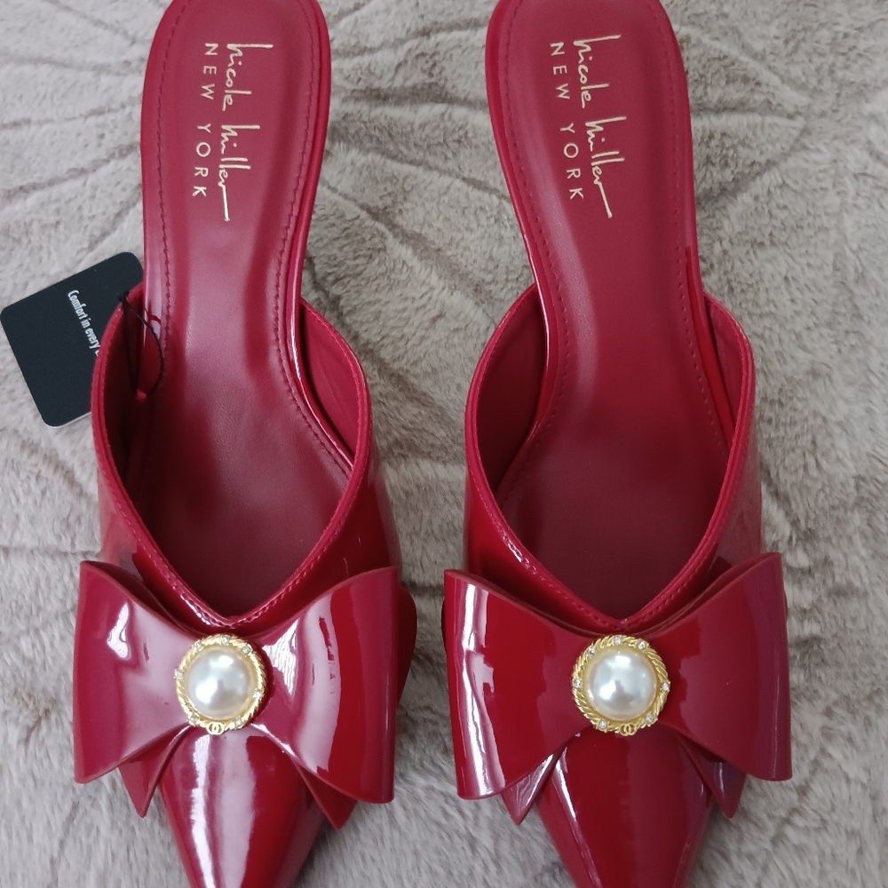 Nicole Miller Glossy Red Mules with Pearl Bow